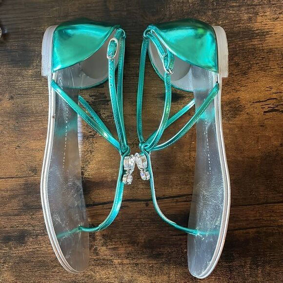 Giuseppe Zanotti Teal Swarovski Crystal Metallic Emerald Leather Sandals 6.5 - Picture 7 of 9